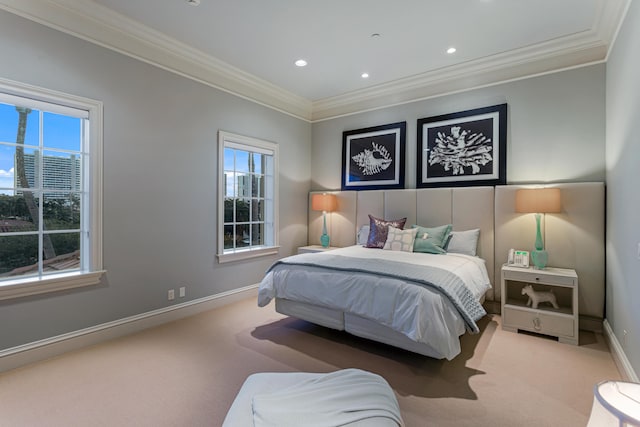 carpeted bedroom with multiple windows and ornamental molding