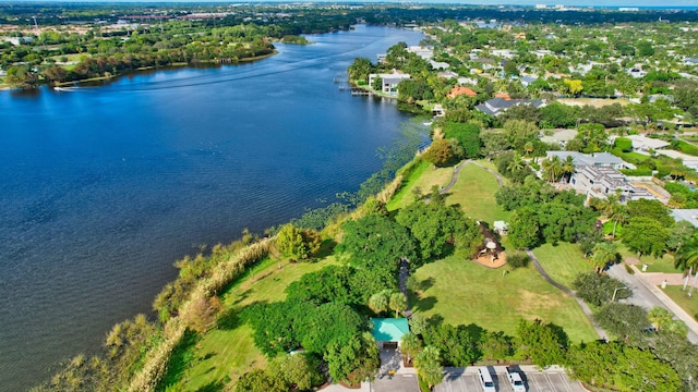 drone / aerial view featuring a water view