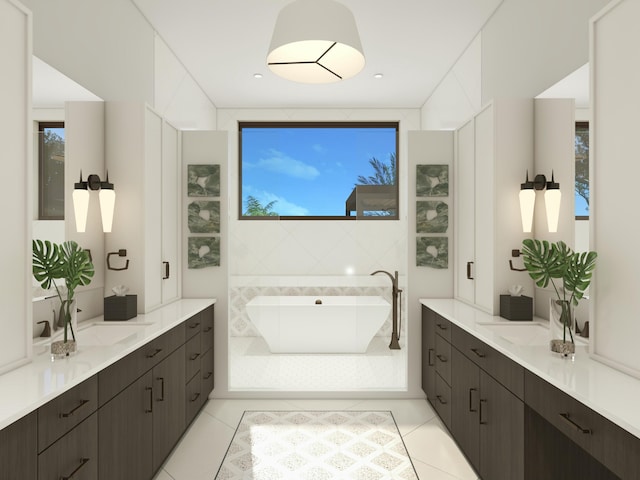 bathroom featuring tile patterned flooring, vanity, and independent shower and bath