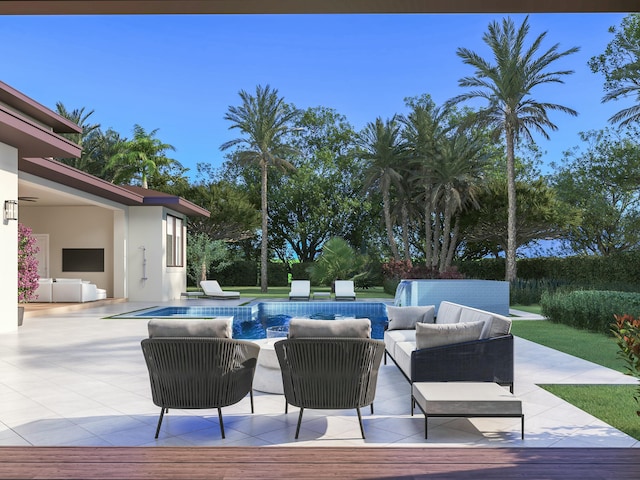 view of pool with an outdoor living space and a patio area