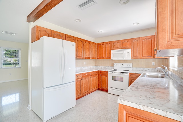 kitchen with sink, white appliances, and backsplash