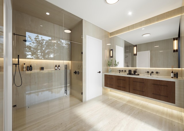 bathroom with tile walls and vanity