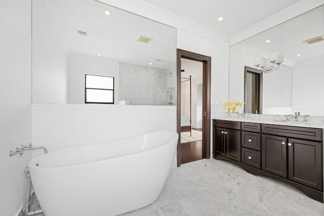 bathroom with vanity and separate shower and tub