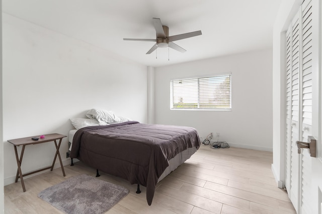 bedroom featuring ceiling fan and light wood-type flooring