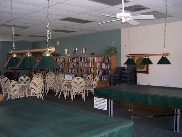 rec room featuring carpet flooring, a paneled ceiling, billiards, and ceiling fan