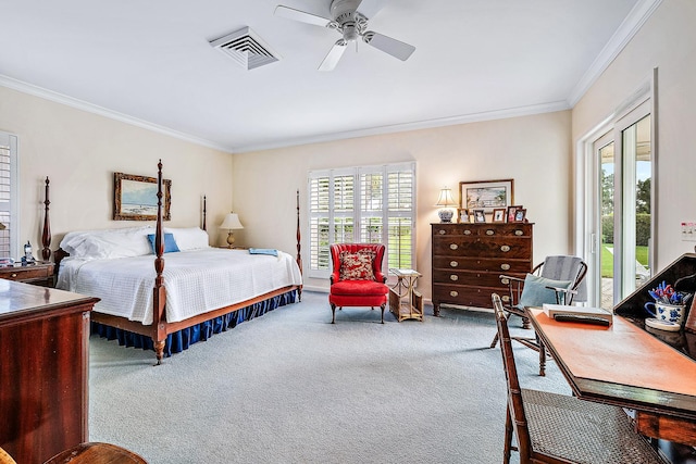 bedroom with ceiling fan, carpet, access to exterior, and ornamental molding