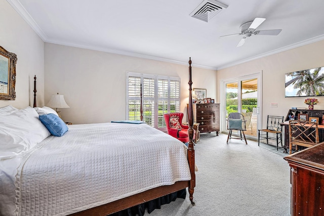 bedroom featuring ceiling fan, access to outside, crown molding, and carpet floors