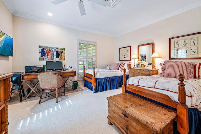 bedroom featuring crown molding, ceiling fan, and light colored carpet