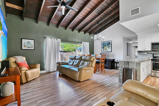 living room with high vaulted ceiling, beamed ceiling, ceiling fan with notable chandelier, wood ceiling, and light hardwood / wood-style floors