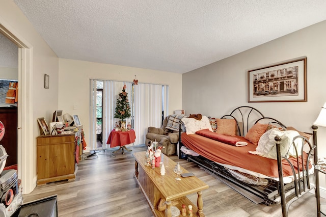 living room with a textured ceiling and light hardwood / wood-style flooring