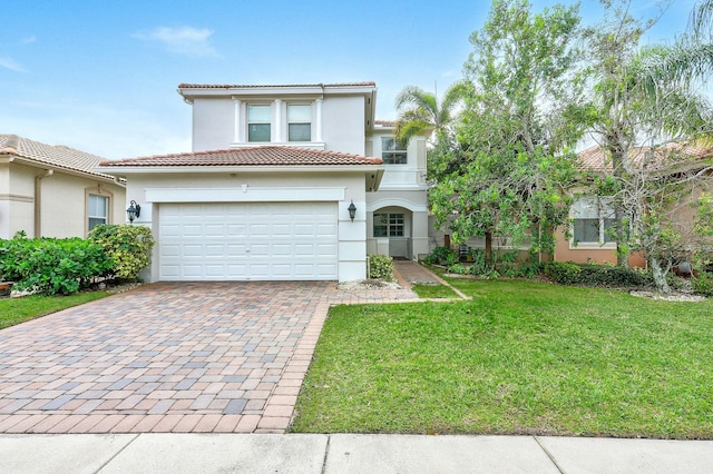 143 Isle Verde Way, Palm Beach Gardens, FL 33418 - mediterranean / spanish-style house with decorative driveway, stucco siding, a tile roof, a front yard, and a garage