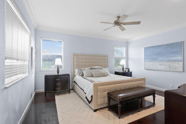 143 Isle Verde Way, Palm Beach Gardens, FL 33418 - bedroom with crown molding, light wood finished floors, baseboards, and a ceiling fan