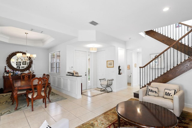 143 Isle Verde Way, Palm Beach Gardens, FL 33418 - living room featuring light tile patterned flooring, a chandelier, stairs, recessed lighting, and baseboards