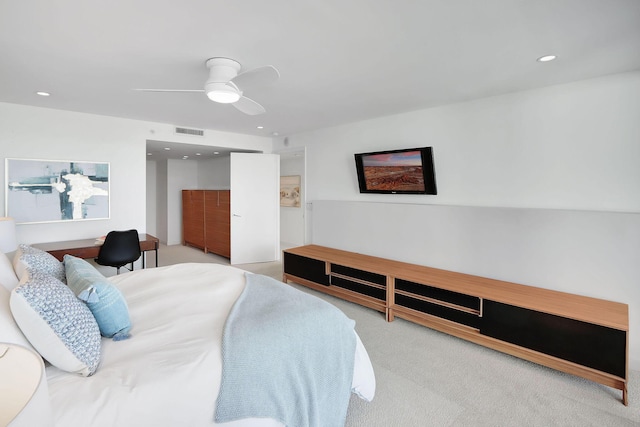 carpeted bedroom with ceiling fan