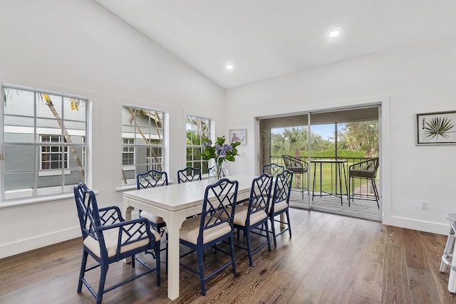 dining space featuring wood-type flooring, a wealth of natural light, and high vaulted ceiling