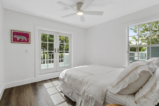 bedroom featuring ceiling fan, french doors, access to outside, and hardwood / wood-style floors