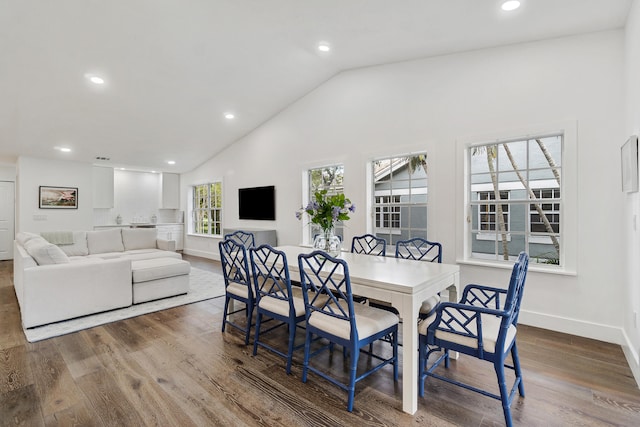 dining room with high vaulted ceiling and hardwood / wood-style floors