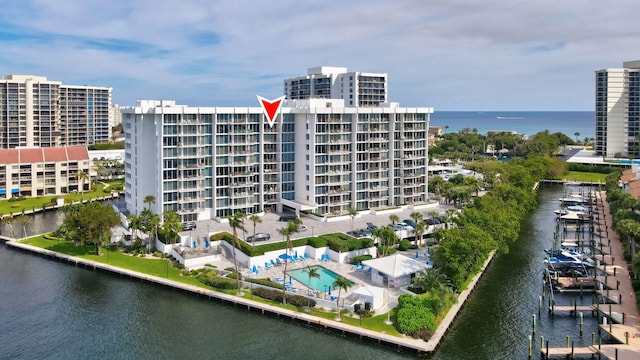 view of building exterior featuring a water view