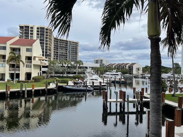 view of dock with a water view