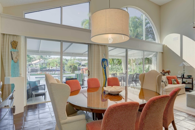 dining room with tile patterned floors, a healthy amount of sunlight, and high vaulted ceiling