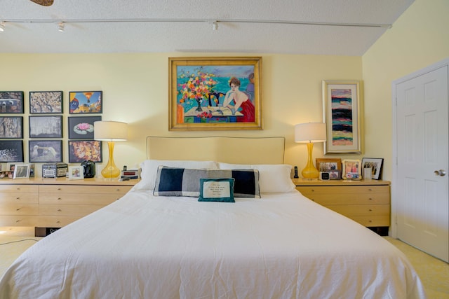 bedroom with rail lighting, a textured ceiling, and light carpet