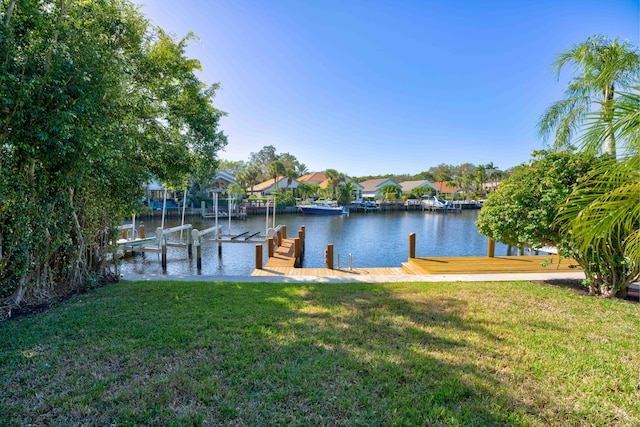 dock area featuring a water view and a yard