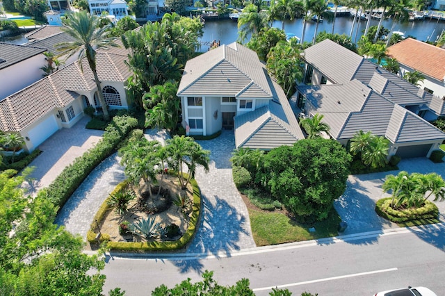 aerial view featuring a water view