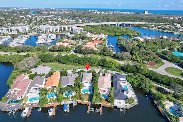 drone / aerial view with a water view