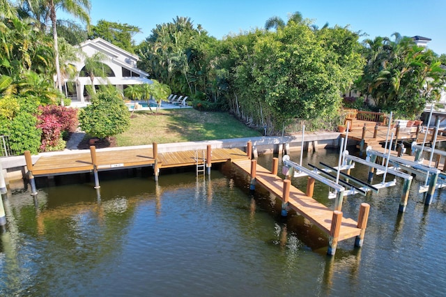 view of dock featuring a water view and a swimming pool