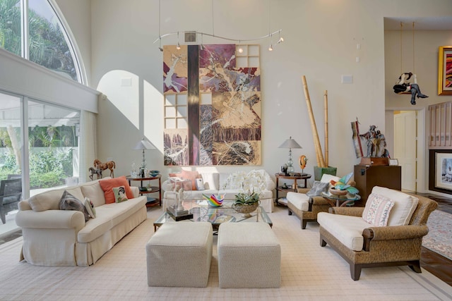 living room featuring a high ceiling