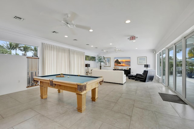 rec room featuring billiards, ceiling fan, and ornamental molding