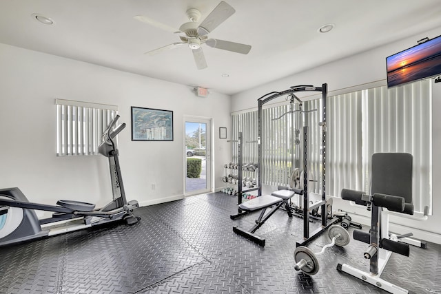 exercise area featuring ceiling fan