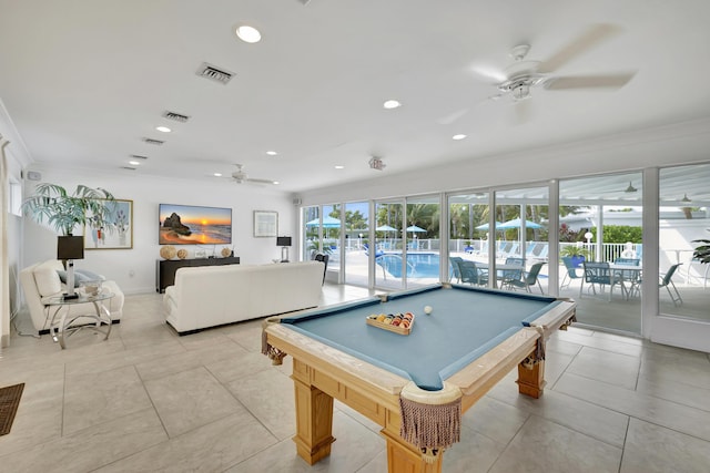 playroom with ornamental molding, ceiling fan, light tile patterned floors, and billiards