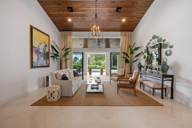 sitting room with high vaulted ceiling, a chandelier, wooden ceiling, and light tile patterned floors