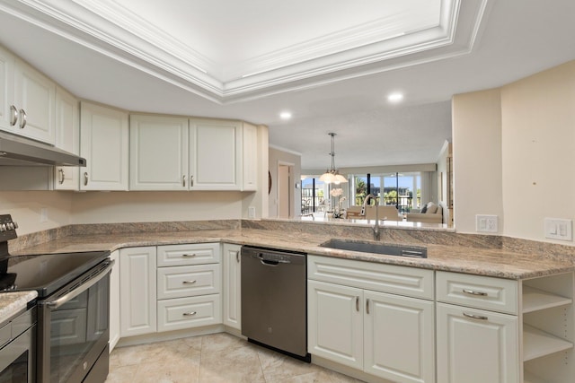 kitchen featuring a tray ceiling, appliances with stainless steel finishes, sink, and crown molding