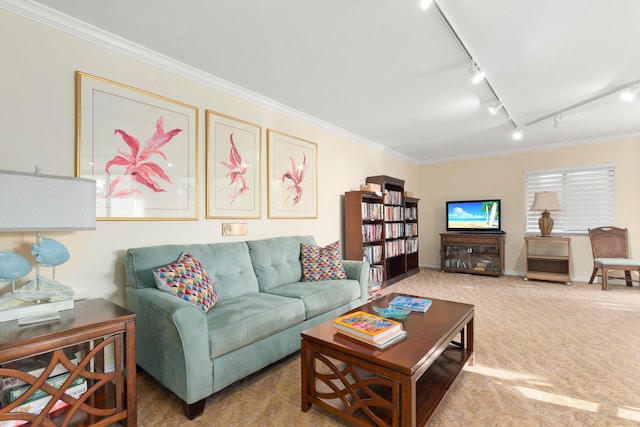 carpeted living room with rail lighting and crown molding