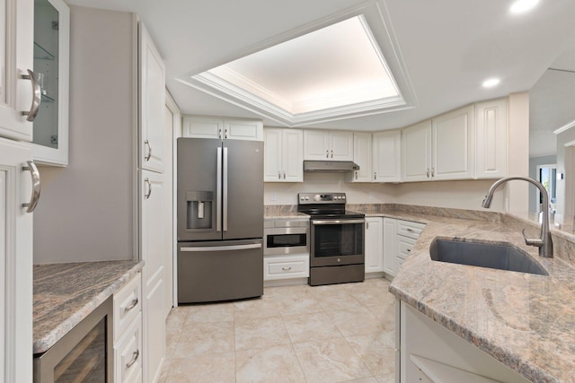 kitchen with a raised ceiling, stainless steel appliances, light stone counters, ornamental molding, and sink