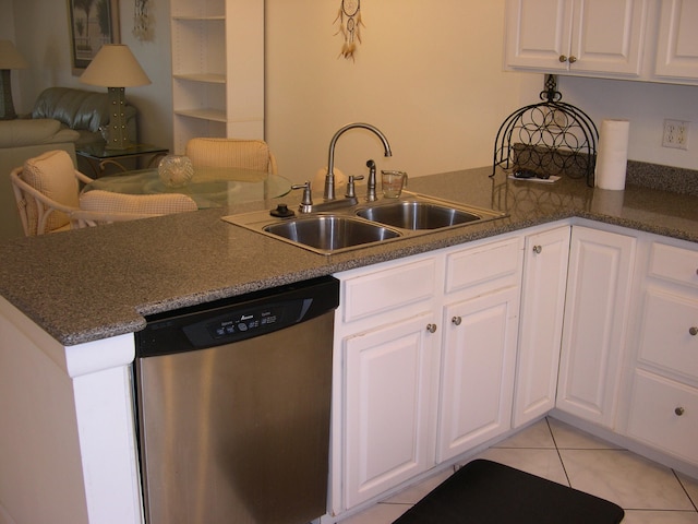 kitchen with white cabinetry, dishwasher, kitchen peninsula, sink, and light tile patterned flooring