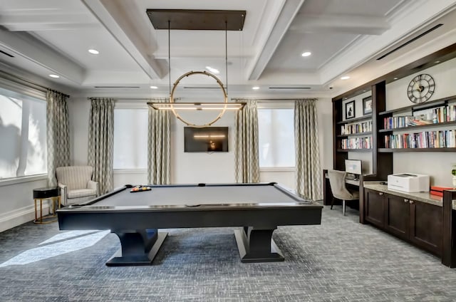 playroom with beamed ceiling, ornamental molding, and pool table