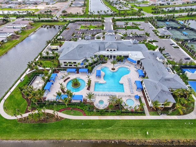 aerial view featuring a water view