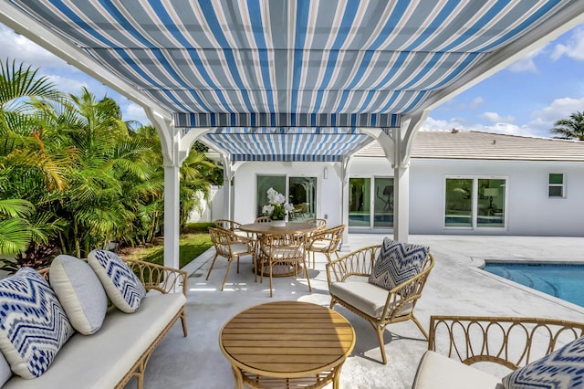 530 NW 14th St, Delray Beach, FL 33444 - view of patio / terrace with a pergola, an outdoor living space, outdoor dining area, and an outdoor pool