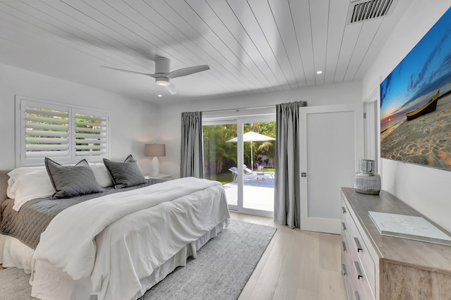 530 NW 14th St, Delray Beach, FL 33444 - bedroom featuring access to outside, light wood-style flooring, wooden ceiling, recessed lighting, and a ceiling fan