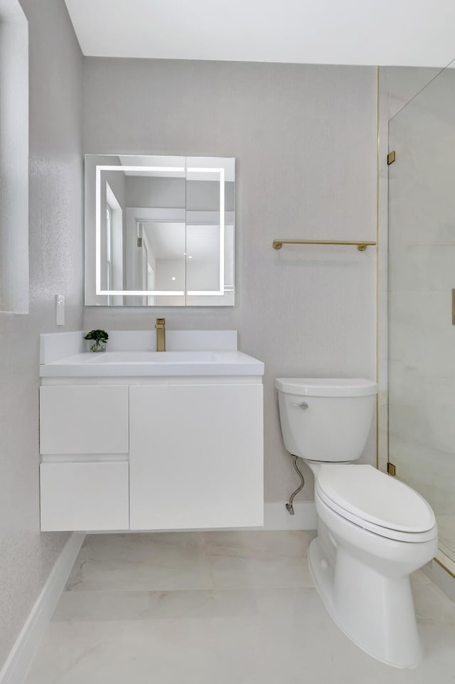 530 NW 14th St, Delray Beach, FL 33444 - full bath with toilet, a shower stall, vanity, baseboards, and marble finish flooring