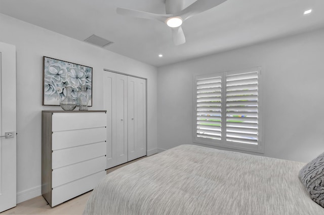 530 NW 14th St, Delray Beach, FL 33444 - bedroom featuring a closet, a ceiling fan, light wood finished floors, recessed lighting, and baseboards