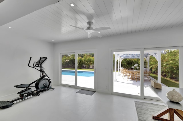530 NW 14th St, Delray Beach, FL 33444 - exercise room with recessed lighting, ceiling fan, and wooden ceiling
