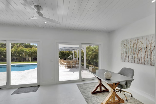 530 NW 14th St, Delray Beach, FL 33444 - dining area featuring plenty of natural light, wooden ceiling, recessed lighting, a ceiling fan, and baseboards