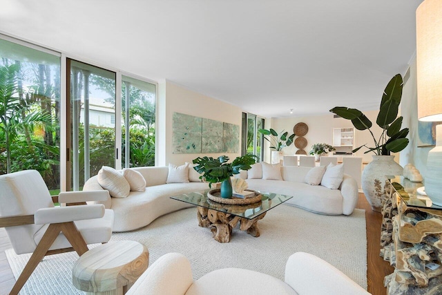 living room featuring expansive windows and hardwood / wood-style flooring