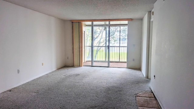 carpeted empty room featuring a textured ceiling and expansive windows