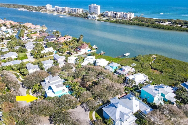 aerial view featuring a water view