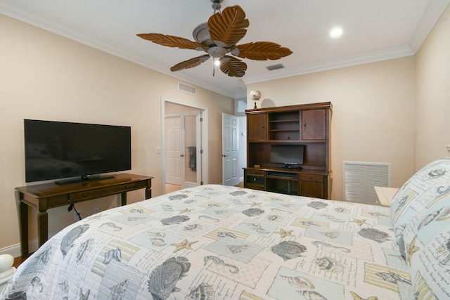 bedroom with ornamental molding and ceiling fan